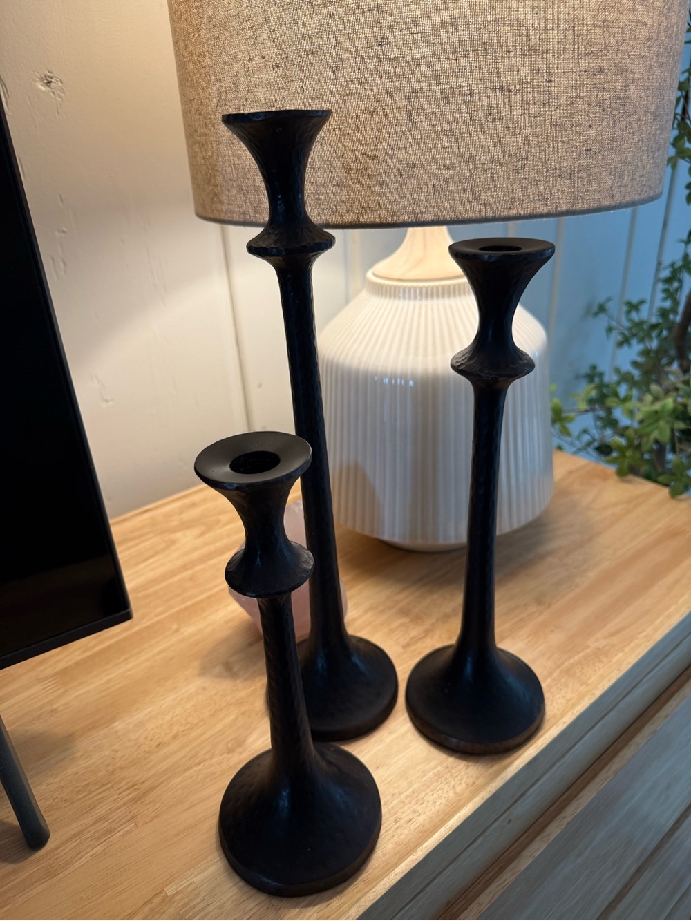 Crate & Barrel Emmett Antique Brass Taper Candle Holder Set of 3 Black